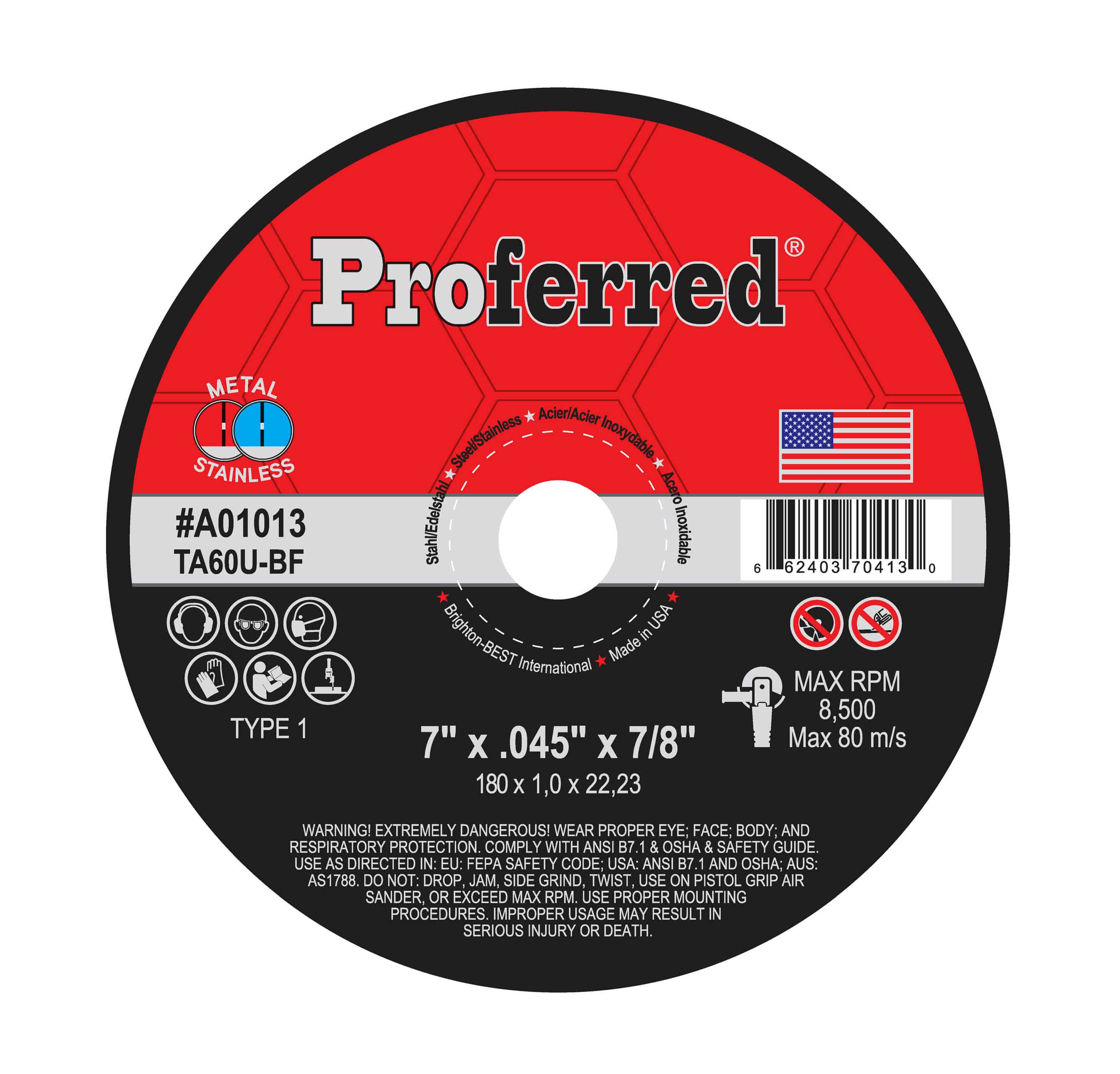 A01013 ABRASIVE CUT-OFF WHEELS AND CHOP SAW WHEELS - 7" x .045" x 7/8" Type 1 Cutoff Wheel, TA60U