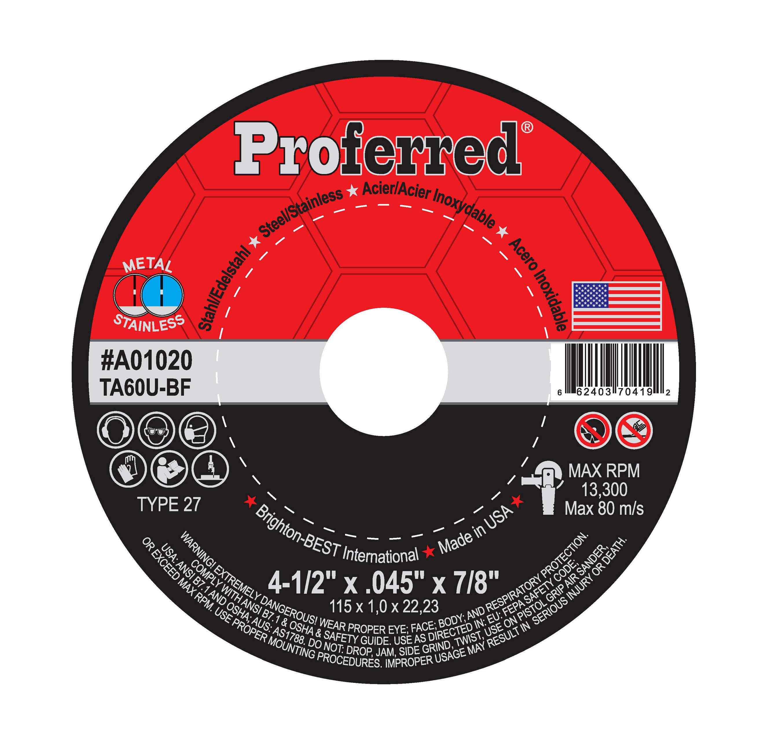 A01020 ABRASIVE CUT-OFF WHEELS AND CHOP SAW WHEELS - 4-1/2" x .045" x 7/8" Type 27 Cutoff Wheel, TA60U