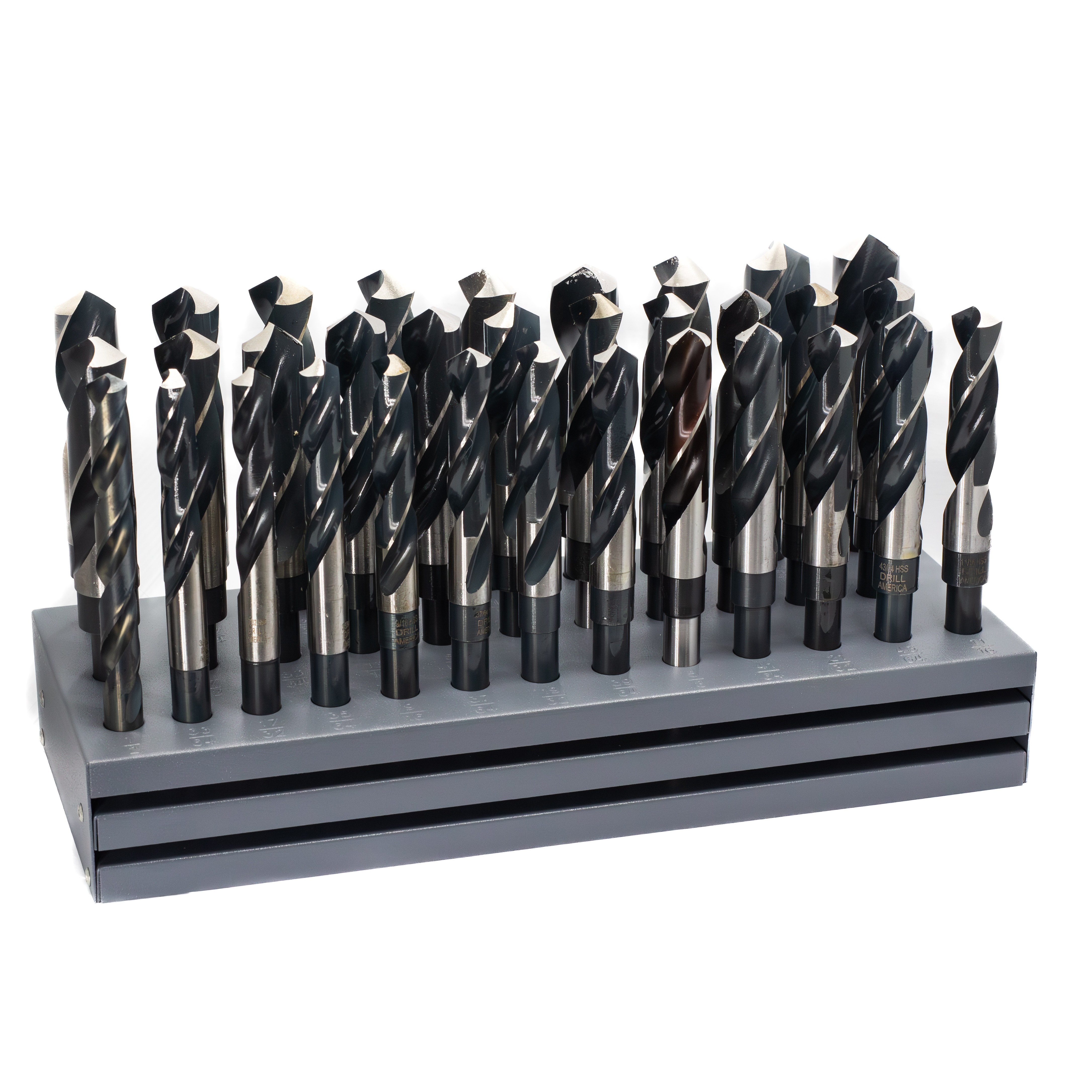 33 Piece HSS Black and Bright Reduced Shank HSS Drill Bit Set, 1/2" - 1", Metal Stand
