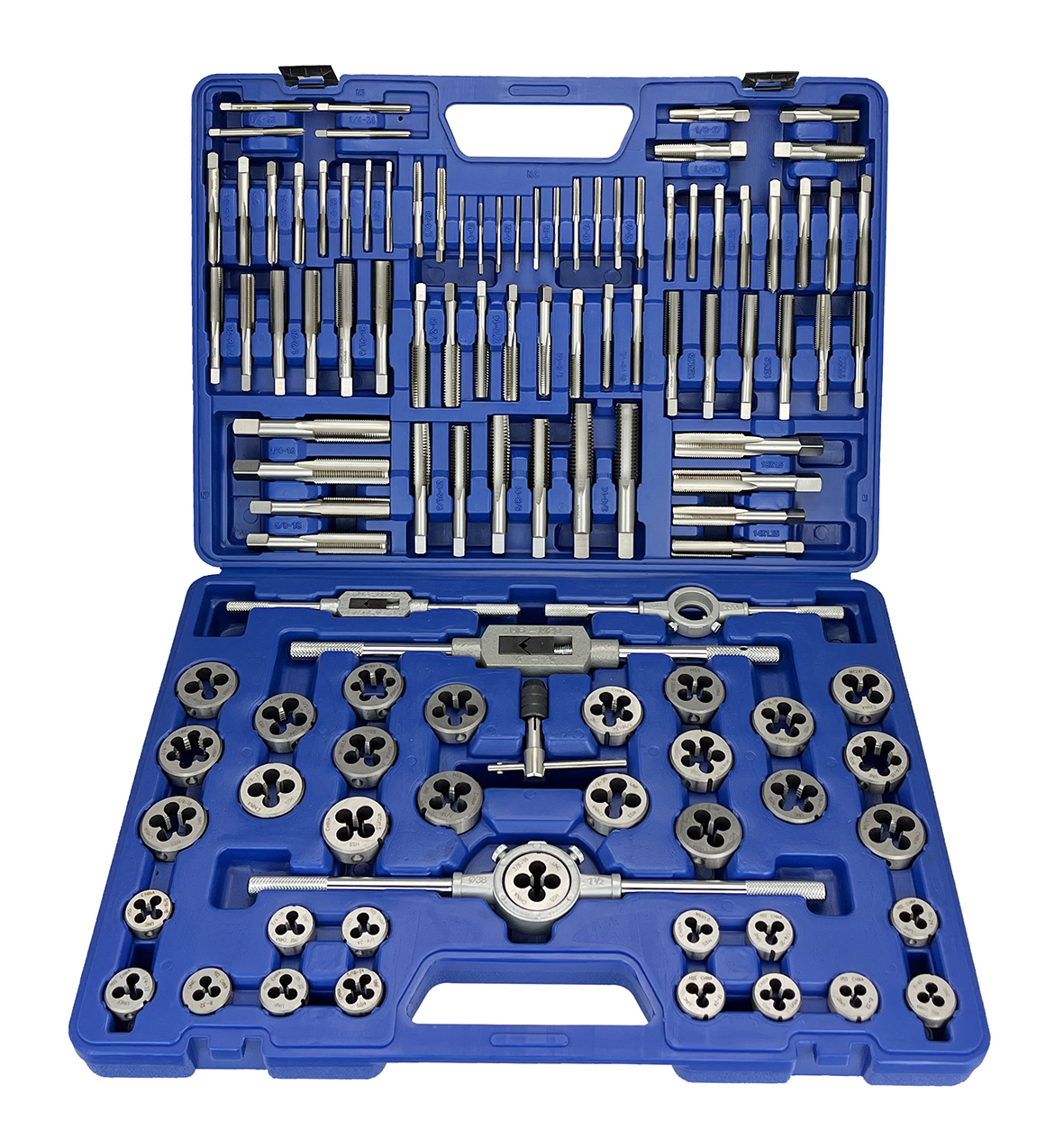 110 Piece NC NF MM HSS Round Tap and Die Set with 1 and 1-1/2 OD Round Dies and Handles