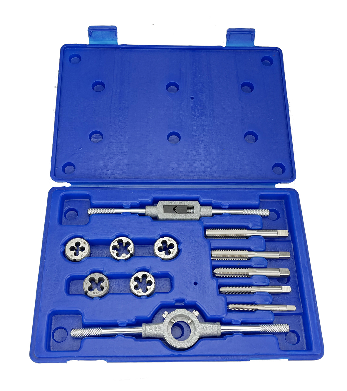 12 Piece NC HSS Round Tap and Die Set (1/4 - 1/2) with 1 OD Round Dies and Handles