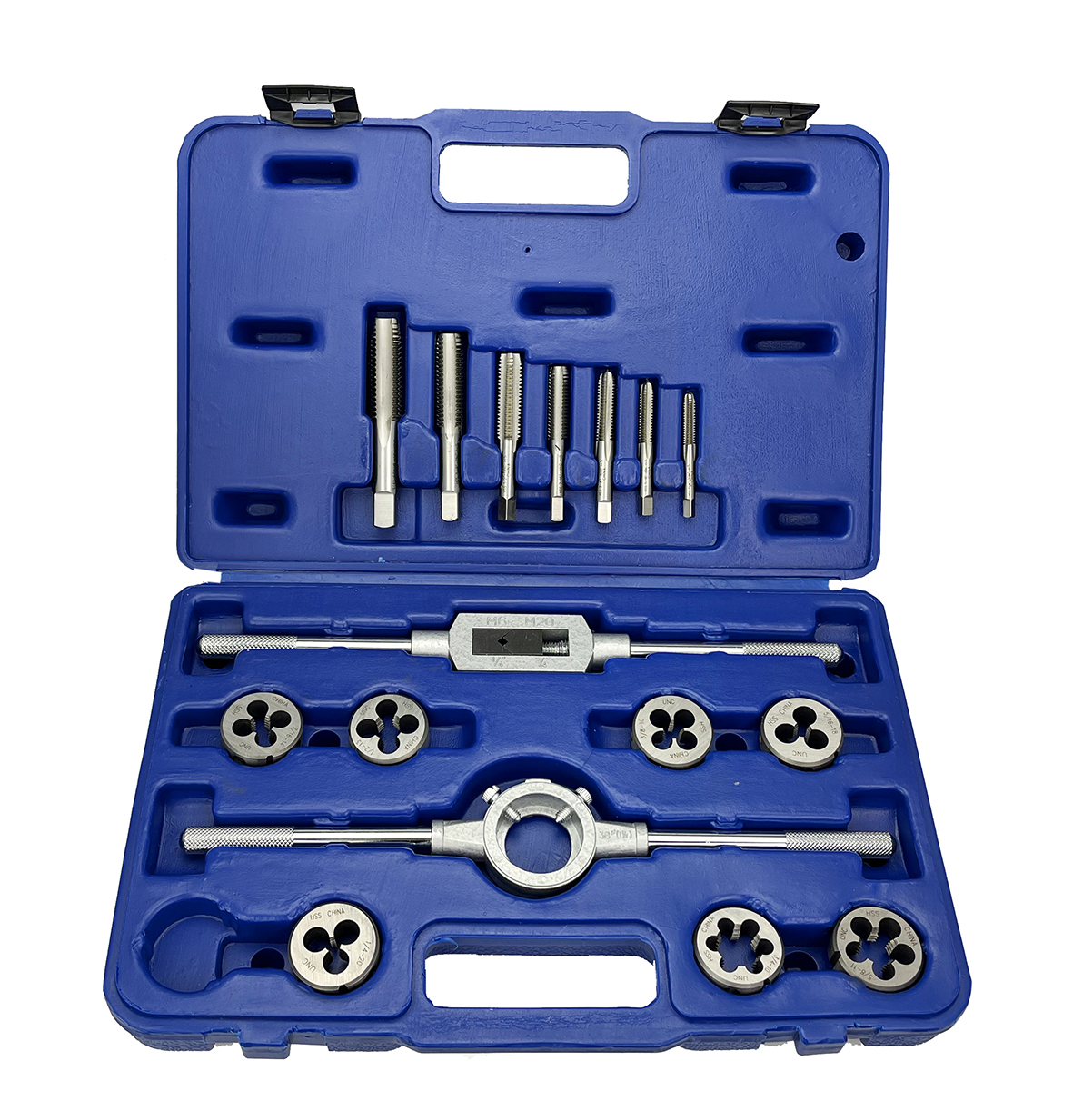 16 Piece NC HSS Round Tap and Die Set (1/4 - 3/4) with 1-1/2 OD Round Dies and Handles
