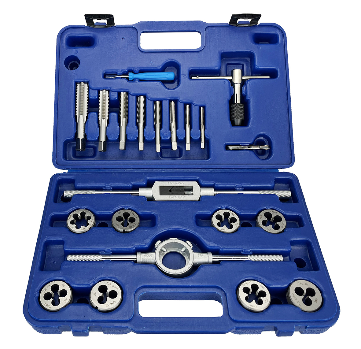 21 Piece NC HSS Round Tap and Die Set (1/4 - 1/2) with 1-1/2 OD Round Dies and Handles
