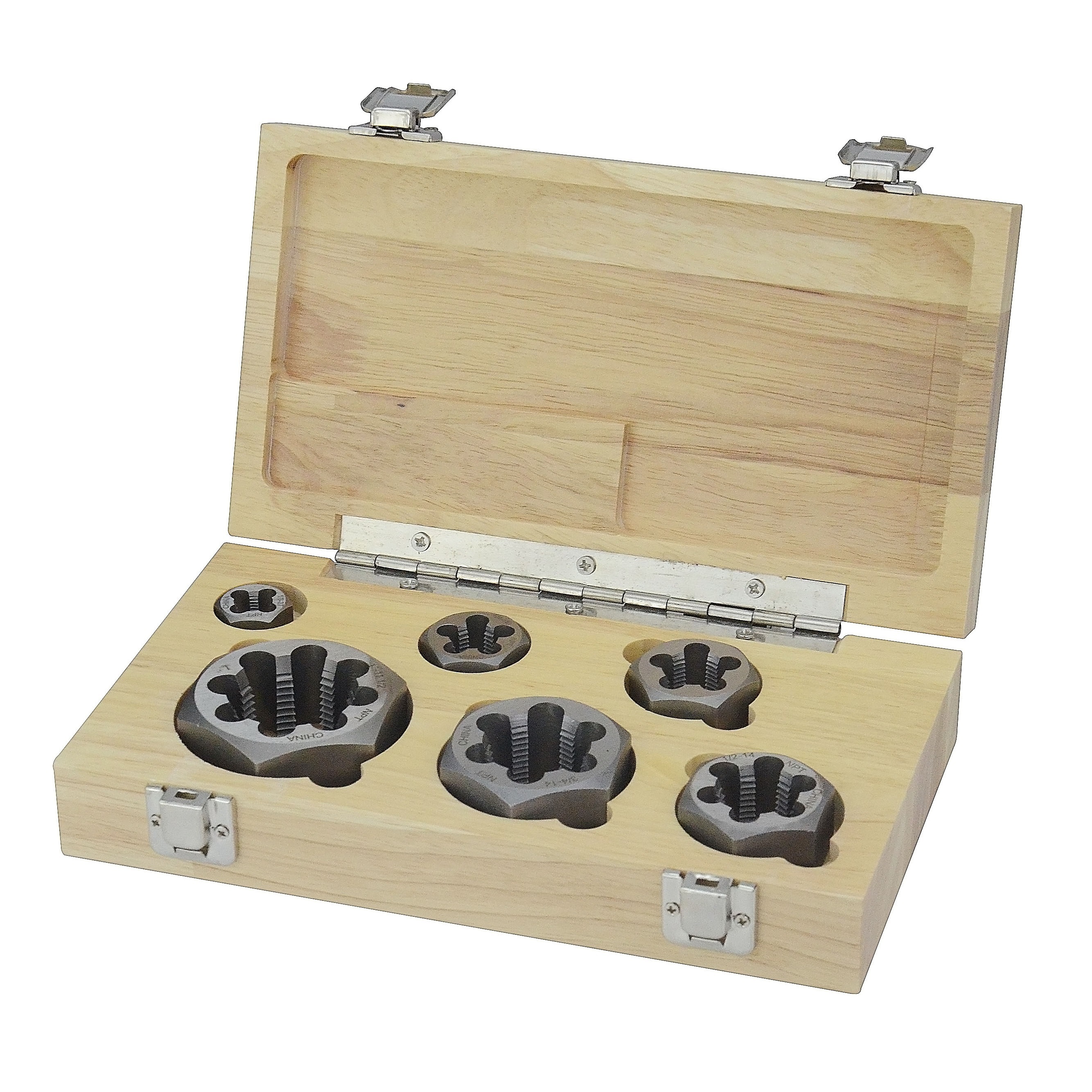 6 Piece NPT Carbon Steel Hex Pipe Die Set 1/8" 1/4" 3/8" 1/2" 3/4" and 1" in Wooden Case