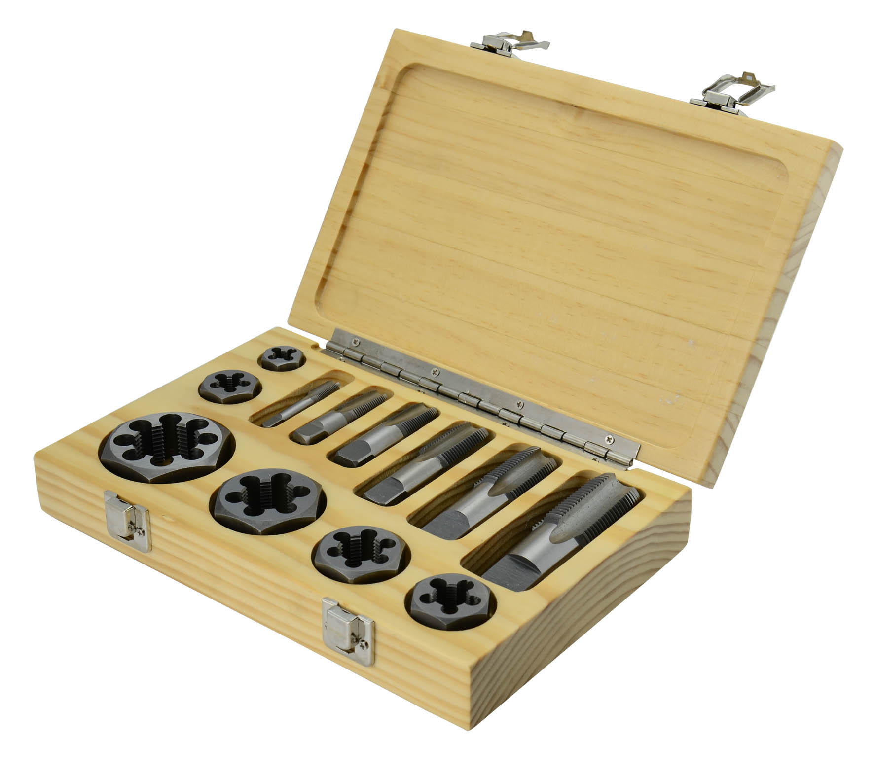 12 Piece Carbon Steel NPT Pipe Tap and Die Set (1/8" 1/4" 3/8" 1/2" 3/4" and 1" in Wooden Case)