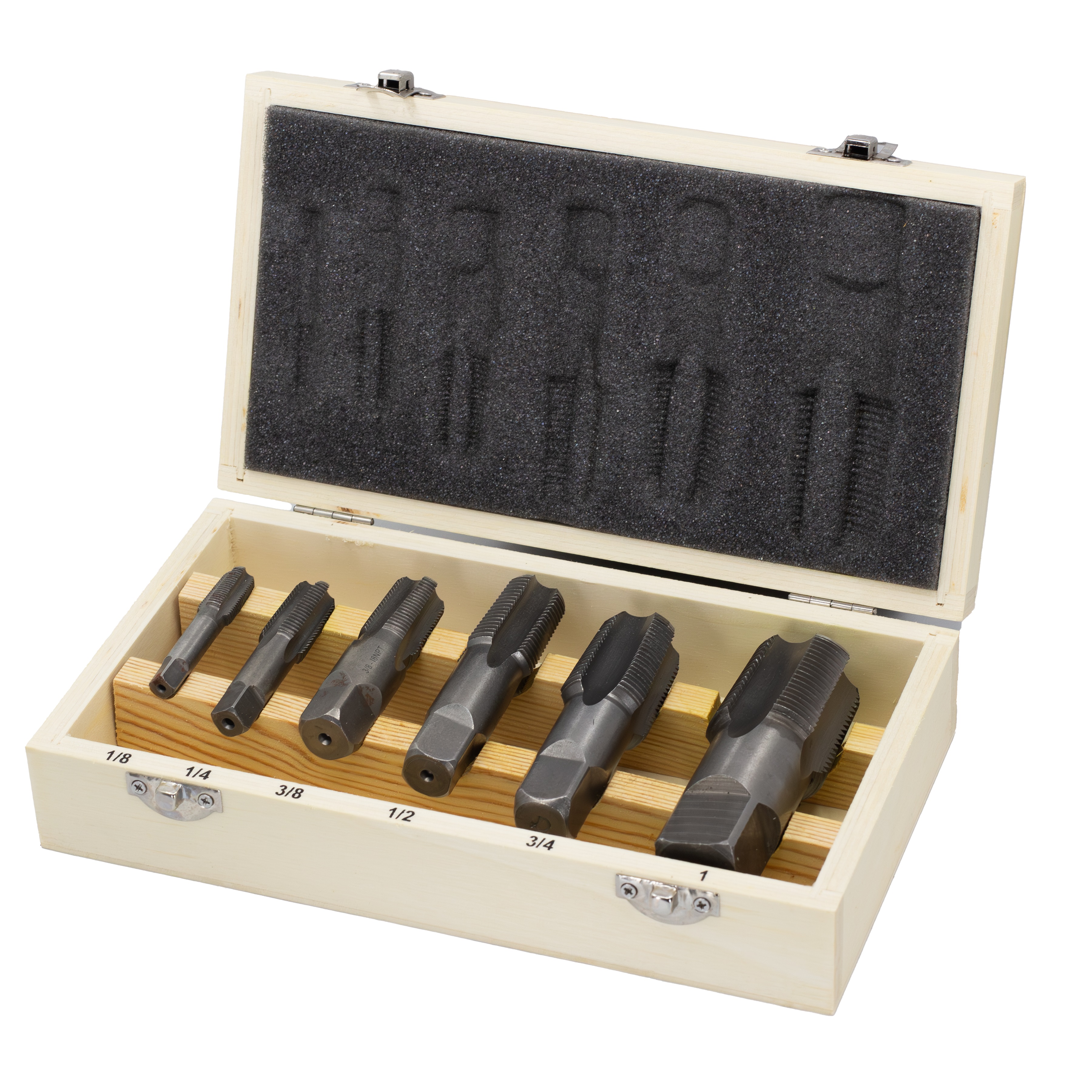 6 Piece High Speed Steel NPT Pipe Tap Set (1/8" 1/4" 3/8" 1/2" 3/4" and 1" in Wooden Case)