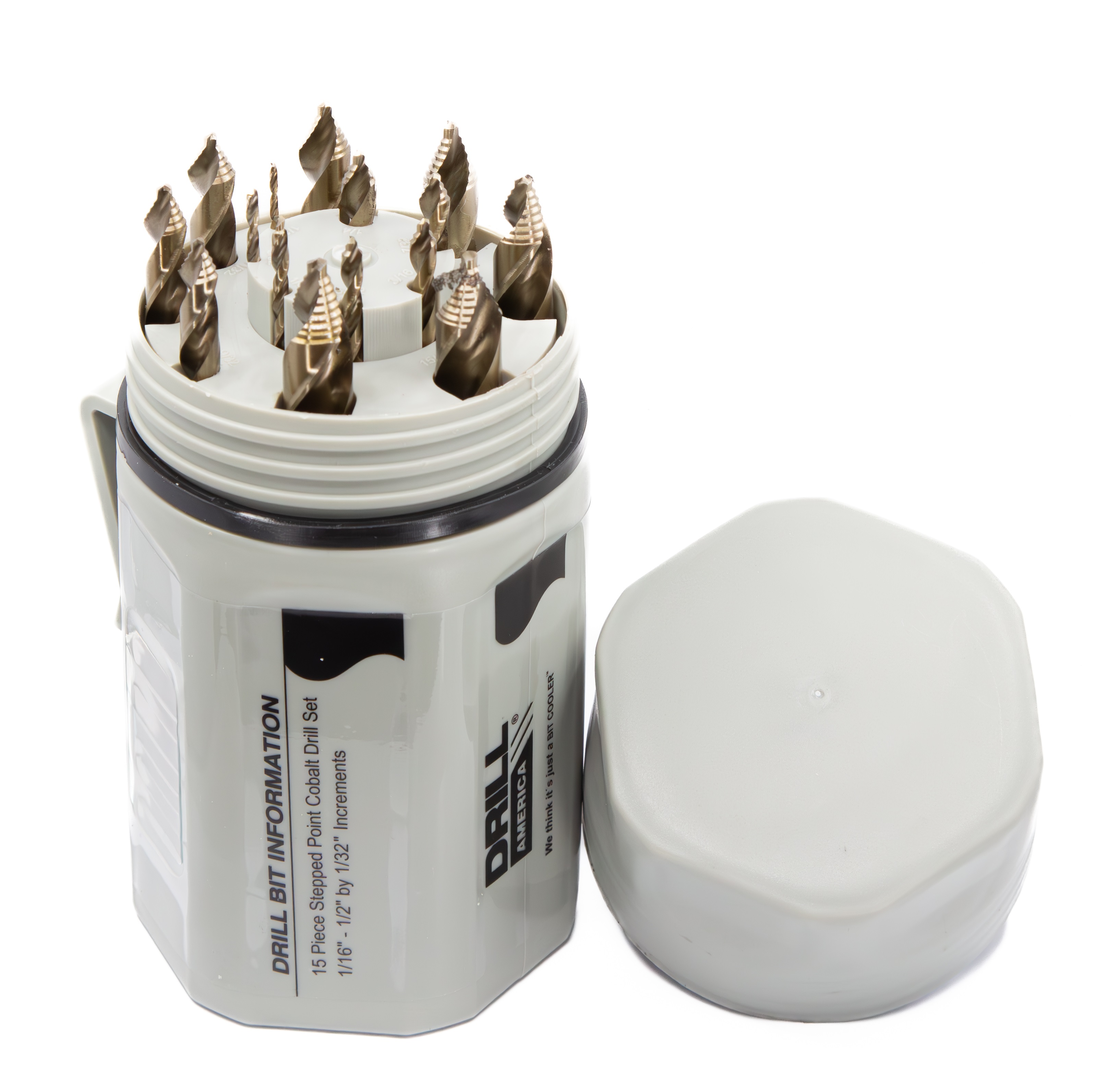 15 Piece Stepped Point Cobalt Drill Bit Set in Plastic Case (1/16" - 1/2" x 1/32")