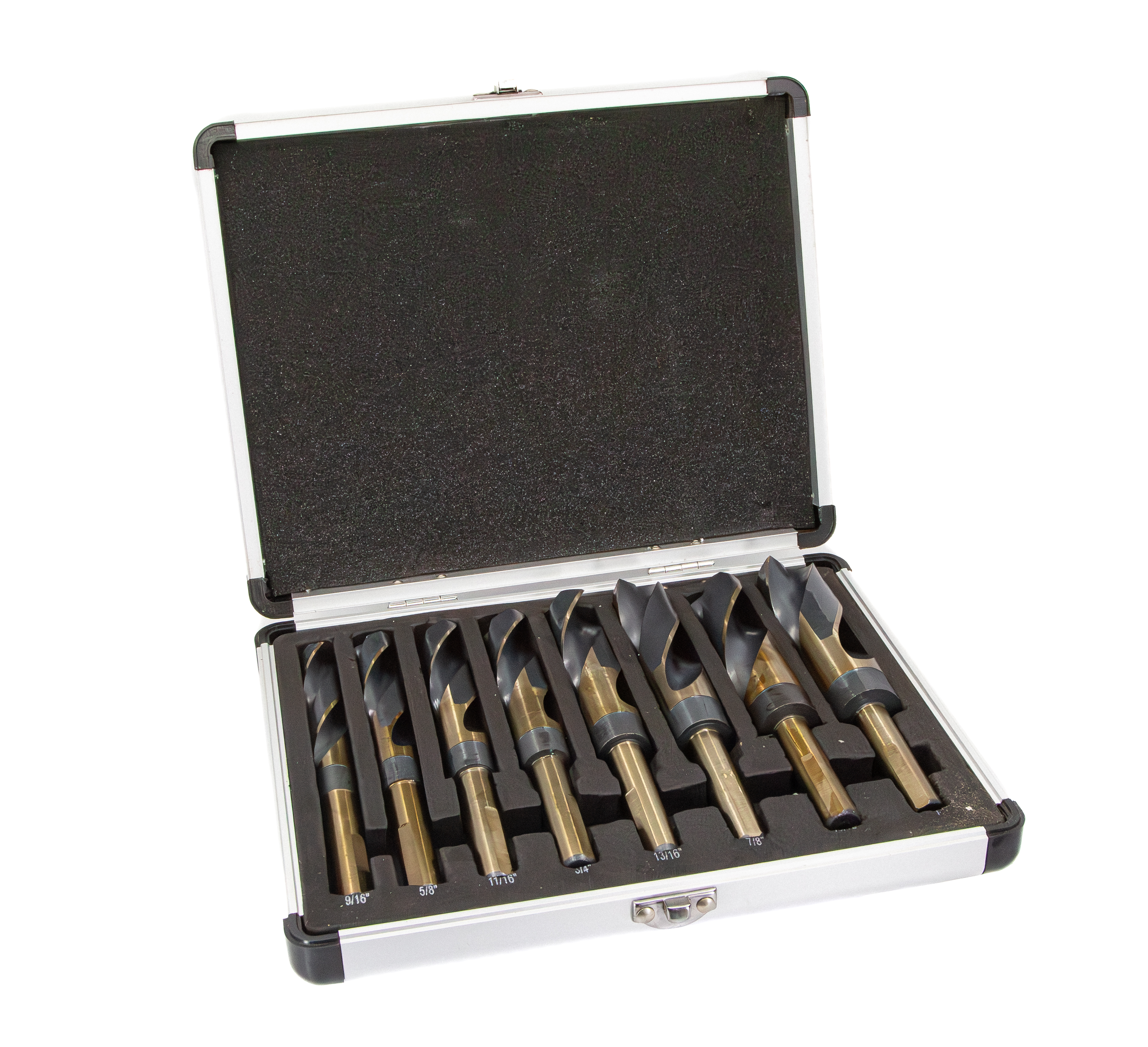 8 Piece HSS Black &amp; Gold Drill Bit Set with Reduced 1/2" 3-Flat Shank, 9/16" - 1"