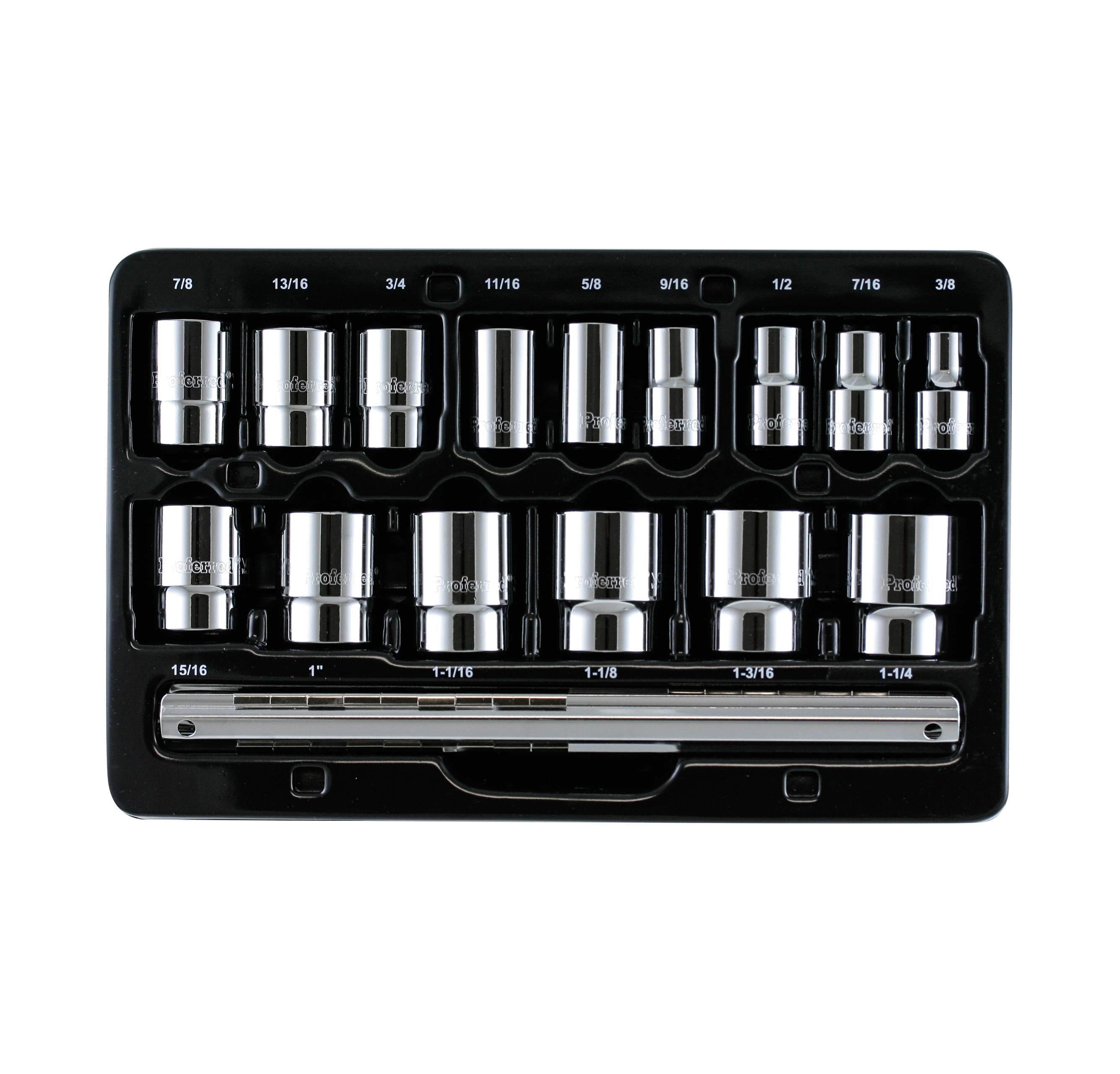 S08201 PROFERRED 1/2" DRIVE STANDARD SAE SOCKET SET - 15 PIECE 12 POINT STANDARD