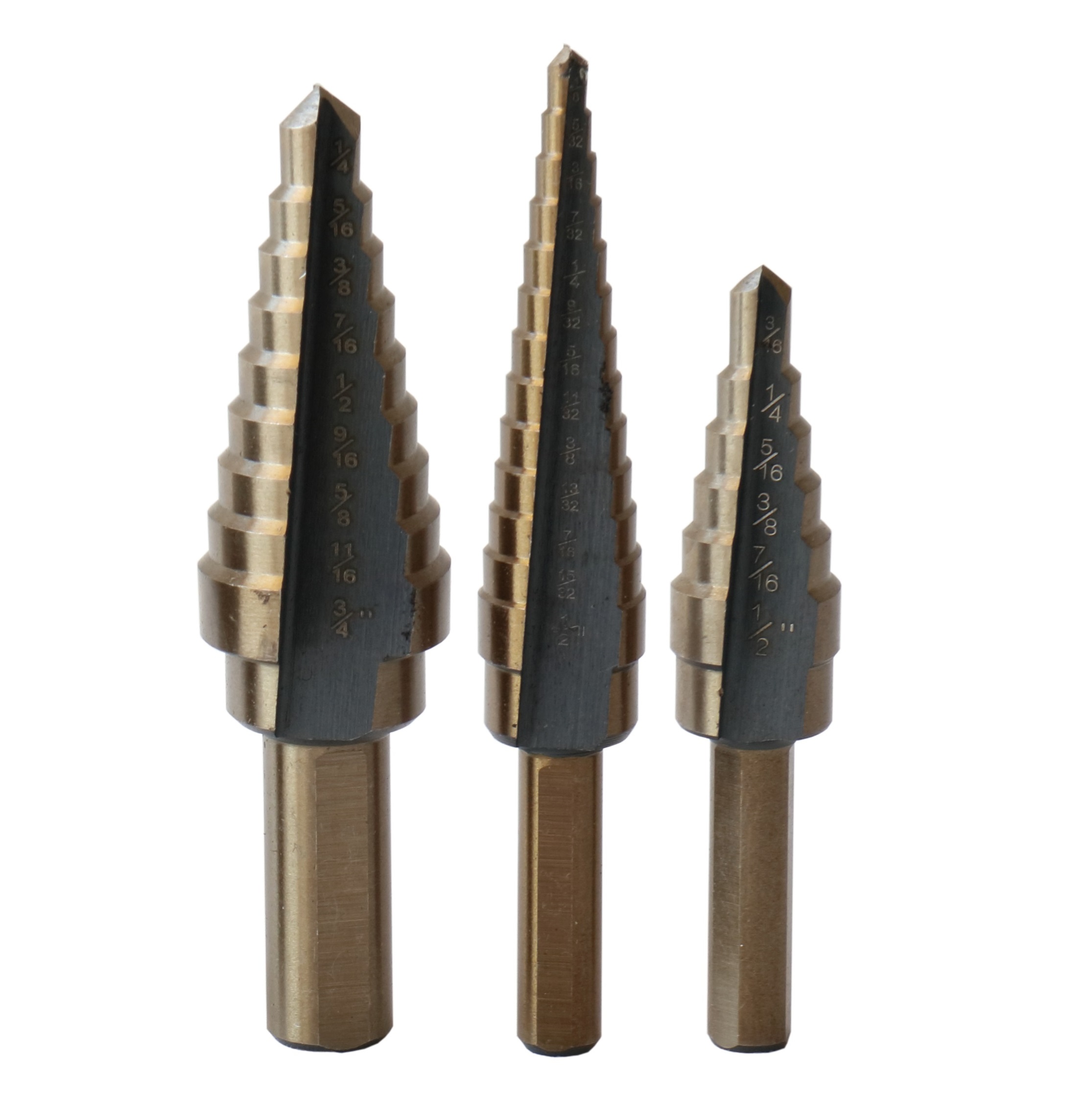 3 Piece HSS Black &amp; Gold Step Drill Bit Set (Sizes #1 to #3)