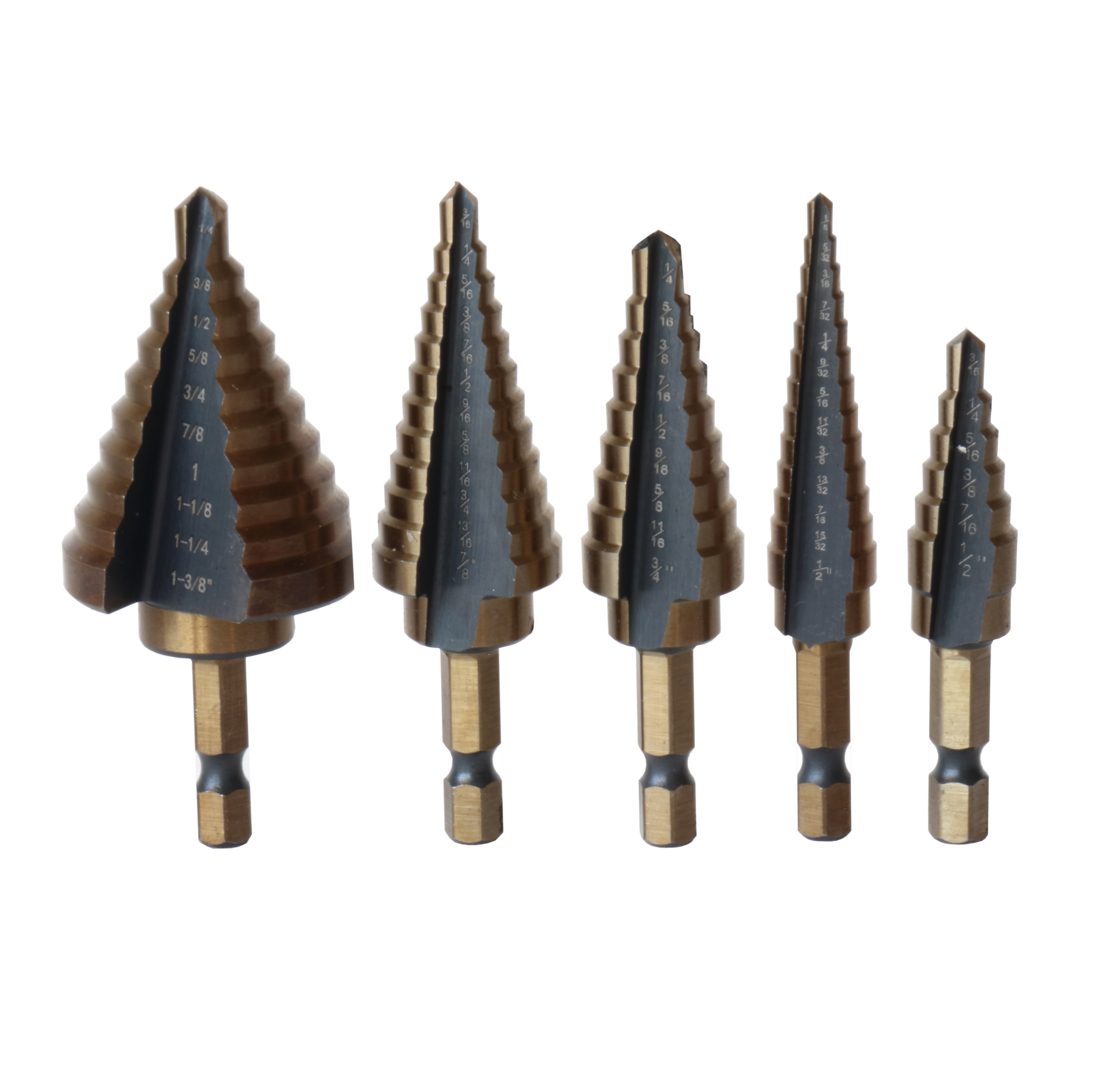5 Piece HSS Black &amp; Gold Quick Change Hex Shank Step Drill Bit Set (Sizes #1 to #5