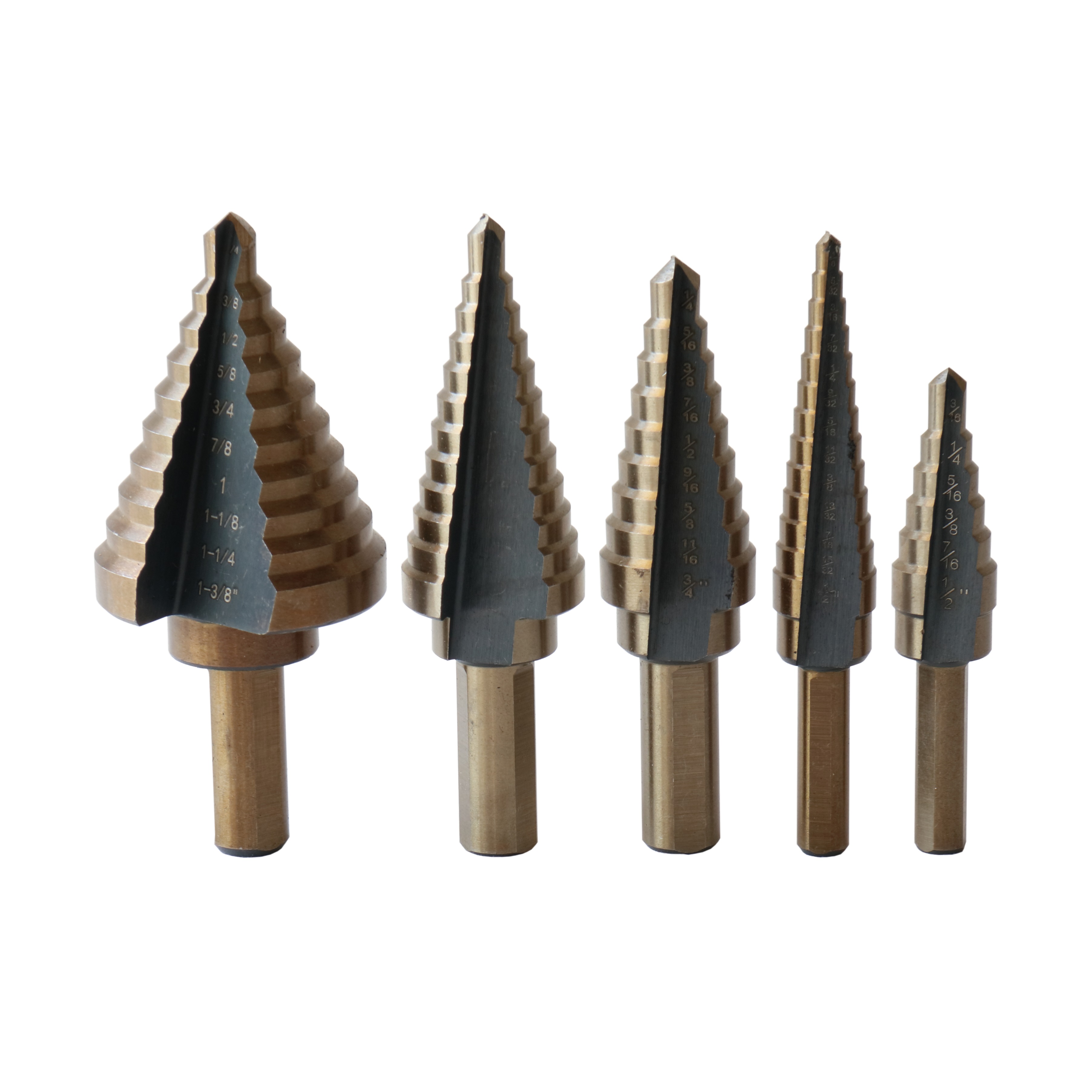 5 Piece HSS Black &amp; Gold Step Drill Bit Set (Sizes #1 - #5)