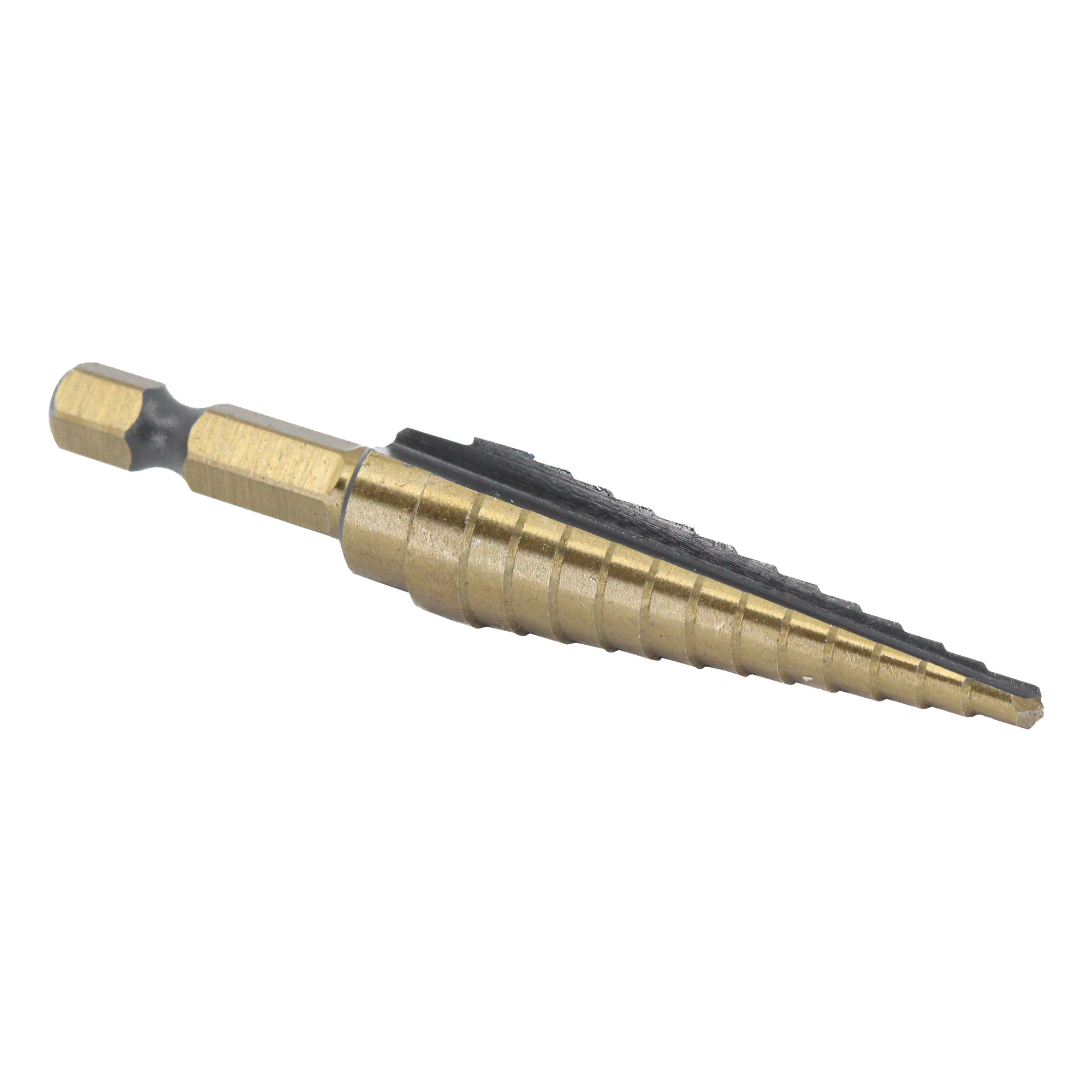 #1 HSS Black &amp; Gold Quick Change Hex Shank Step Drill Bit (1/8"- 1/2 by 1/32")