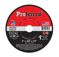 A01022 ABRASIVE CUT-OFF WHEELS AND CHOP SAW WHEELS - 6" x .045" x 7/8" Type 27 Cutoff Wheel, TA60U